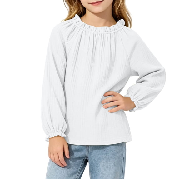 Spazoro Girls Blouse, Ruffled Neck Loose Fit Bubble Sleeve Pullover Breathable Cotton Linen Casual Peasant Top for Daily Wear White Size 2-3T