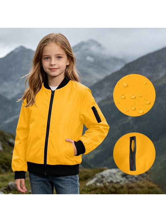 Girls Bomber Jacket with Zipper Pockets, Zip-up Solid Color Long Sleeve Lightweight Windproof Outerwear for Outdoor Yellow Size 5T
