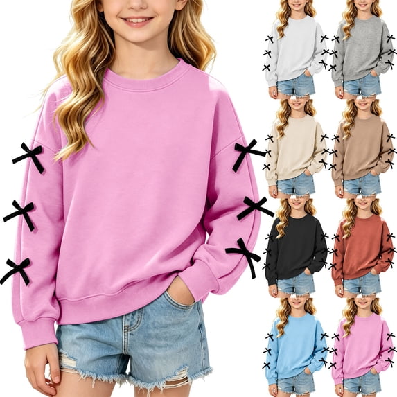 Spazoro Girls Bow Sleeve Sweatshirt, Long Sleeve Relaxed Fit Cute Crewneck Solid Pullover Top for Kids Pink Size 5-6T