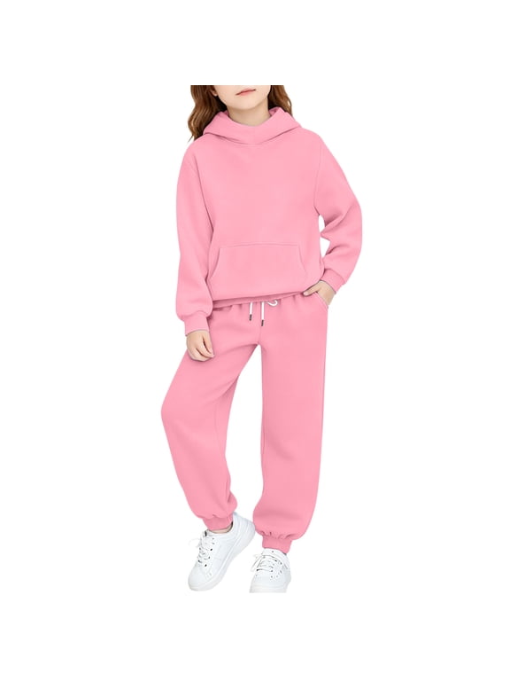 Girls Boys Activewear 2 Piece Outfit with Pockets, Fall Winter Soft Warm Solid Color Long Sleeve Hoodie Sweatshirts & Jogger Pants Sets for Kids Pink Size 6-7