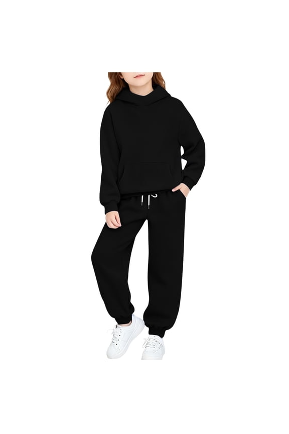 Girls Boys Activewear 2 Piece Outfit with Pockets, Soft Warm Solid Color Long Sleeve Hoodie Fall Winter Sweatshirts & Jogger Pants Sets for Kids Black Size 10-11