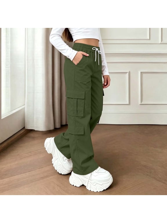 Girls Cargo Pants with Multi‑Pockets, Elastic Waist Solid Color Wide Leg Drawstring Loose Fit Casual Street Trousers Army Green Size 5-6