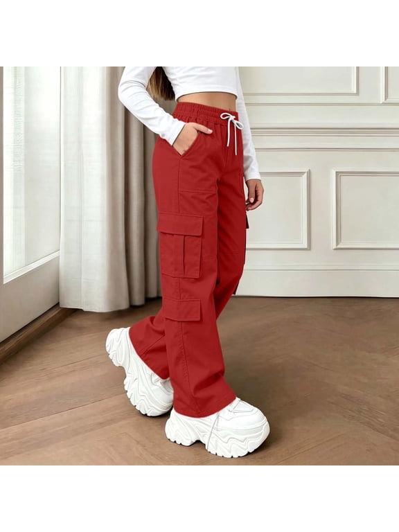Girls Cargo Pants with Multi‑Pockets, Solid Color Elastic Waist Drawstring Loose Fit Wide Leg Casual Street Trousers Red Size 10-11