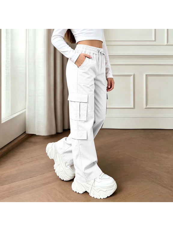 Girls Cargo Pants with Multi‑Pockets, Solid Color Loose Fit Elastic Waist Wide Leg Drawstring Casual Street Trousers White Size 14-15