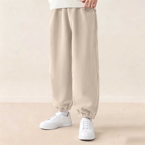 Spazoro Girls Corduroy Jogger Pants, Cuffed Ankle Loose Fit Casual Elastic Waistband Daily Wear Trousers for Kids Beige Size 9-10