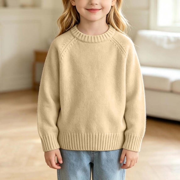 Spazoro Girls Crew Neck Knit Sweater, Breathable Warm Solid Color Long Sleeve Pullover Tops for Daily Layering Beige Size 3-4T