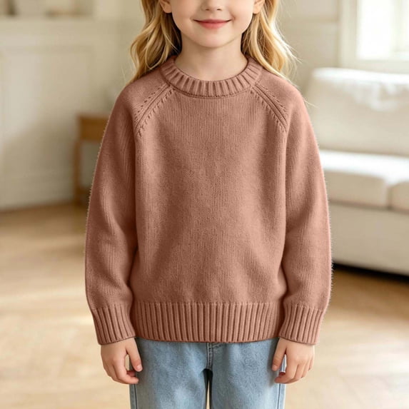 Spazoro Girls Crew Neck Knit Sweater, Long Sleeve Breathable Solid Color Warm Pullover Tops for Daily Layering Brown Size 2-3T
