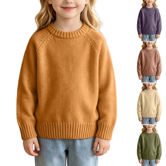 Spazoro Girls Crew Neck Knit Sweater, Solid Color Warm Long Sleeve Breathable Pullover Tops for Daily Layering Orange Size 3-4T