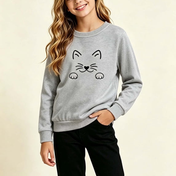 Spazoro Girls Crew Neck Long Sleeve Sweatshirt, Lightweight Cat Print Stretchable Breathable Casual Pullover Tops for Fall Daily School Wear Gray Size 1-2T
