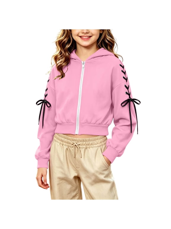 Girls Cropped Hooded Jacket with Cat Ear Hood, Long Sleeve Trendy Full Zip Solid Color Cute Sweatshirt Coat for Daily Streetwear Pink Size 13-14