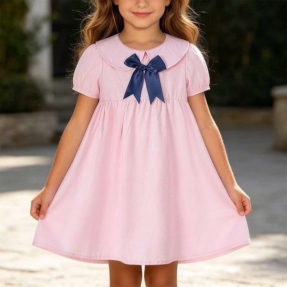 Spazoro Girls Cute Dresses Bow Decor, Short Puff Sleeve Collared Soft & Comfy Solid Color Casual A-Line Dress for School Pink Size 5-6 T