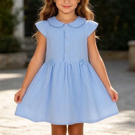 Spazoro Girls Cute Dresses, Button Front Collared Solid Color Puff Sleeveless Casual A-Line Dress for School Light Blue Size 2-3 T