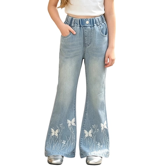 Spazoro Girls Denim Flare Pants with Pockets, Stretchy Butterfly Print . Loose Fit Elastic Waist Retro Bell Bottom Trousers for Daily Wear Blue Size 4-5T