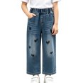 thumbnail image 1 of Spazoro Girls Denim Pants with Pockets, Loose Fit Heart Print Elastic Waist Straight Leg Pull On Sparkling Accents Casual Trousers for Daily Wear Blue Size 2-3T, 1 of 9