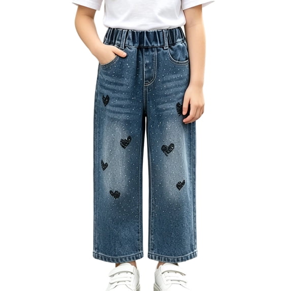 Spazoro Girls Denim Pants with Pockets, Loose Fit Heart Print Elastic Waist Straight Leg Pull On Sparkling Accents Casual Trousers for Daily Wear Blue Size 2-3T