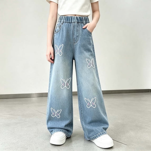 Spazoro Girls Denim Pants with Pockets, Elastic Waist Butterfly Print Wide Leg Loose Fit Soft Trendy Casual Trousers Blue Size 7-8