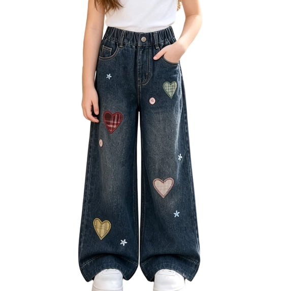 Spazoro Girls Denim Pants with Pockets, Elastic Waist Button Closure Loose Fit Wide Leg . Heart Plaid Print Casual Wide Leg Trousers Blue Size 5-6