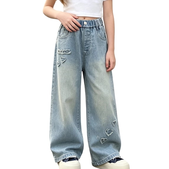 Spazoro Girls Denim Wide‑Leg Pants with Pockets, Elastic Waist Button Closure Loose Fit Heart Print . Casual Trousers for Daily Street Wear Blue Size 4-5T