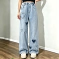 thumbnail image 1 of Spazoro Girls Denim Wide Leg Pants with Pockets, Wide Leg Cut Loose Fit Elastic Waist Heart Print Button Closure Retro Washed Straight Leg Trousers Blue Size 7-8, 1 of 6