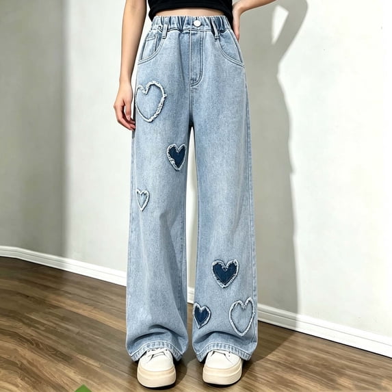 Spazoro Girls Denim Wide Leg Pants with Pockets, Wide Leg Cut Loose Fit Elastic Waist Heart Print Button Closure Retro Washed Straight Leg Trousers Blue Size 7-8