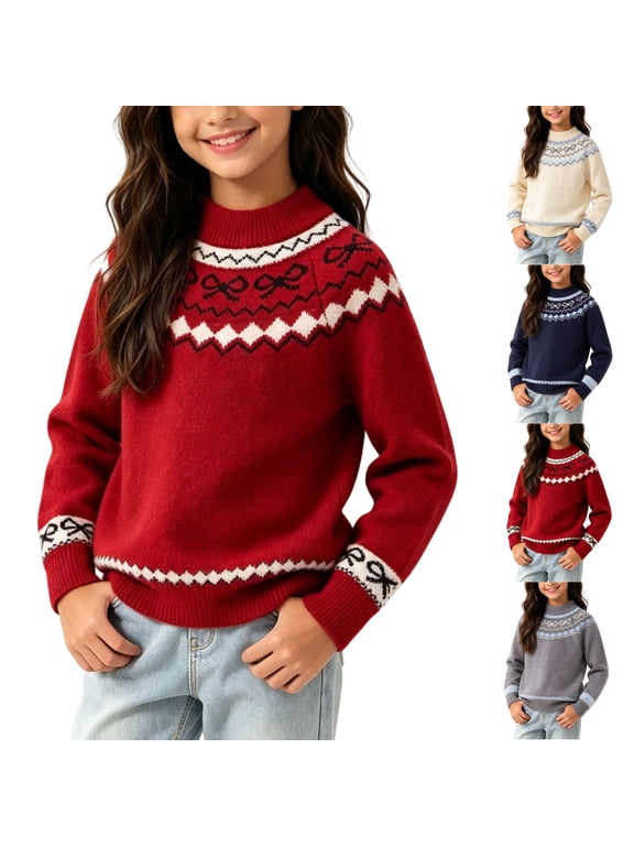 Girls Fair Isle Knit Pullover Sweater with Jacquard Pattern, Trendy Mock Neck Long Sleeve Warm Casual Winter Knit Top for Daily Wear Red Size 9-10