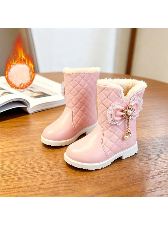 Girls Faux Fur Lined Snow Boots, Non Slip Side Zipper Cute Decor Winter Casual Outdoor Shoes for Toddler Little Big Kids Pink Size 10