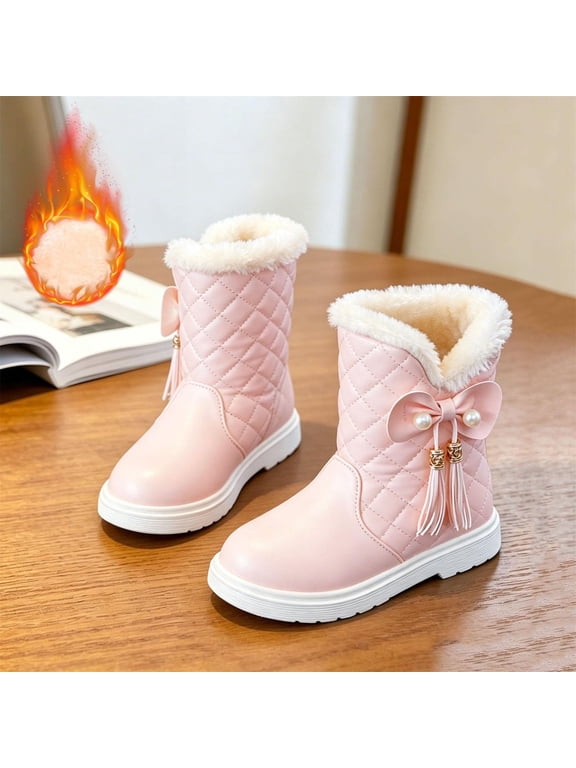 Girls Faux Fur Lined Snow Boots, Side Zipper Winter Non Slip Cute Decor Casual Outdoor Shoes for Toddler Little Big Kids Pink Size 10