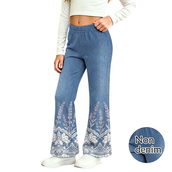 Spazoro Girls Flare Pants, Boho Elastic Waist Floral Print Stretchy Pull‑on Wide Leg Bell Bottom Trousers Blue Size 8