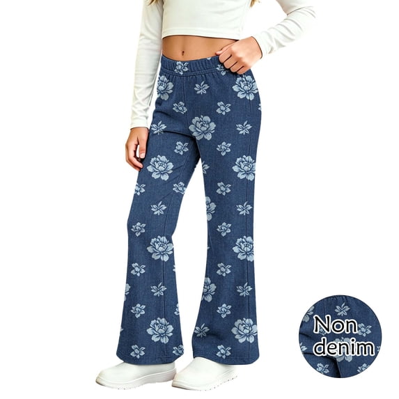 Spazoro Girls Flare Pants, Floral Print Soft Elastic Waist Flared Leg Stretchy Trendy Casual Bottoms Blue Size 6