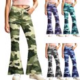 thumbnail image 1 of Spazoro Girls Flare Pants with Pockets, Button Closure Camouflage Print Relaxed Fit Lightweight Retro Bell‑Bottom Trousers for Street Daily Wear Green Size 9-10, 1 of 7