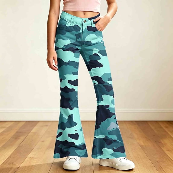 Spazoro Girls Flare Pants with Pockets, Button Closure Camouflage Print Relaxed Fit Lightweight Retro Bell‑Bottom Trousers for Street Daily Wear Mint Green Size 11-12