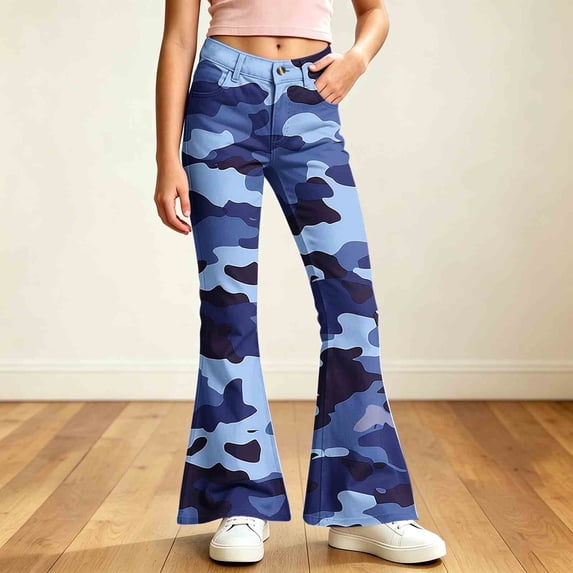 Spazoro Girls Flare Pants with Pockets, Button Closure Lightweight Relaxed Fit Camouflage Print Retro Bell‑Bottom Trousers for Street Daily Wear Blue Size 13-14