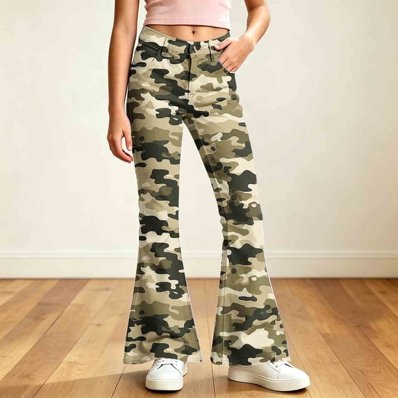 Spazoro Girls Flare Pants with Pockets, Camo Print Lightweight Button Zip Loose Fit High Rise Bell Bottom Trousers for Street Daily Wear Green Size 7-8