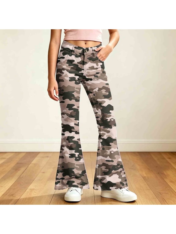 Girls Flare Pants with Pockets, Lightweight Button Zip High Rise Loose Fit Camo Print Bell Bottom Trousers for Street Daily Wear Camouflage Size 15-16
