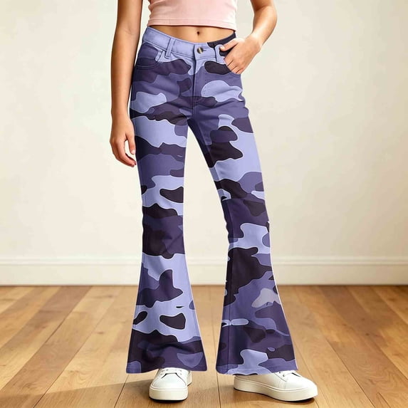 Spazoro Girls Flare Pants with Pockets, Lightweight Camouflage Print Relaxed Fit Button Closure Retro Bell‑Bottom Trousers for Street Daily Wear Purple Size 13-14