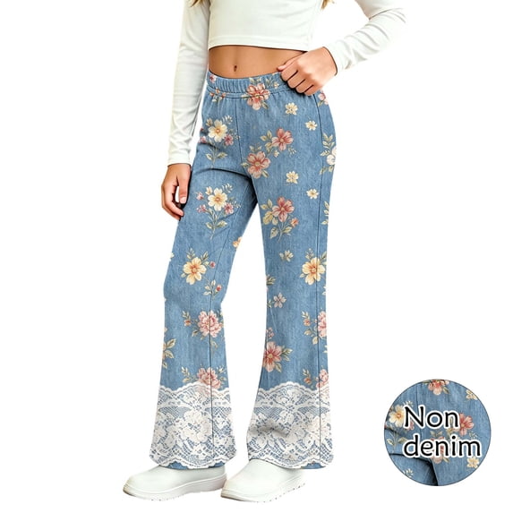 Spazoro Girls Flare Pants with Floral Print, Boho Stretchy Elastic Waist Bootcut Leg Lace Trim Retro Casual Bottoms Blue Size 3 T