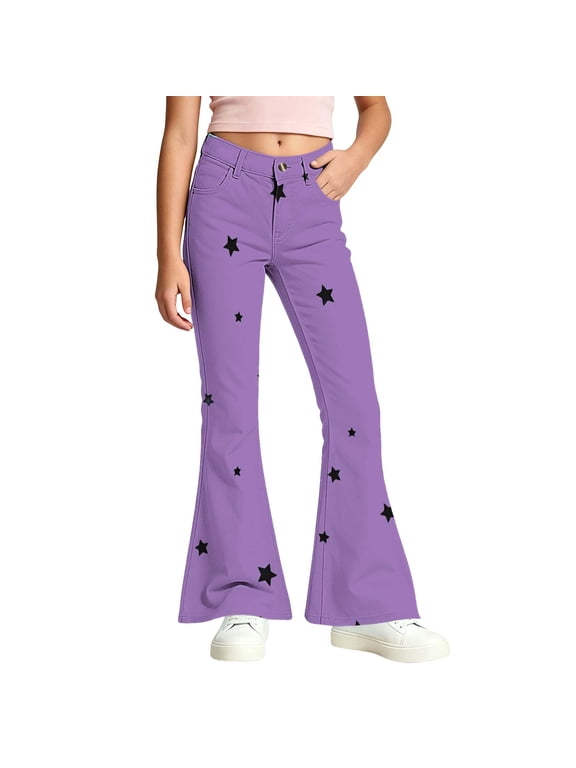 Girls Flare Pants with Pockets, Button Closure Star Print Zip Up Loose Fit Flare Leg Casual Bell Bottom Trousers Purple Size 8-9