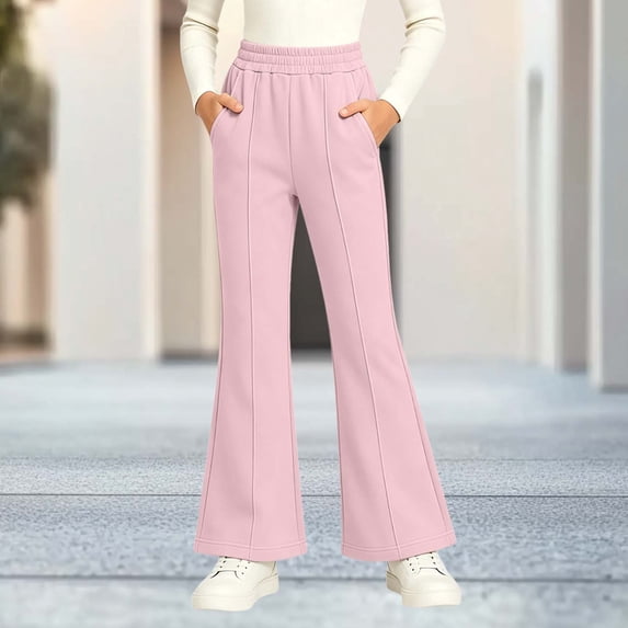 Spazoro Girls Flare Pants with Pockets, Elastic Waist Loose Fit Stretchy Solid Color Flare Leg Warm Casual Trousers for Daily Wear Pink Size 10