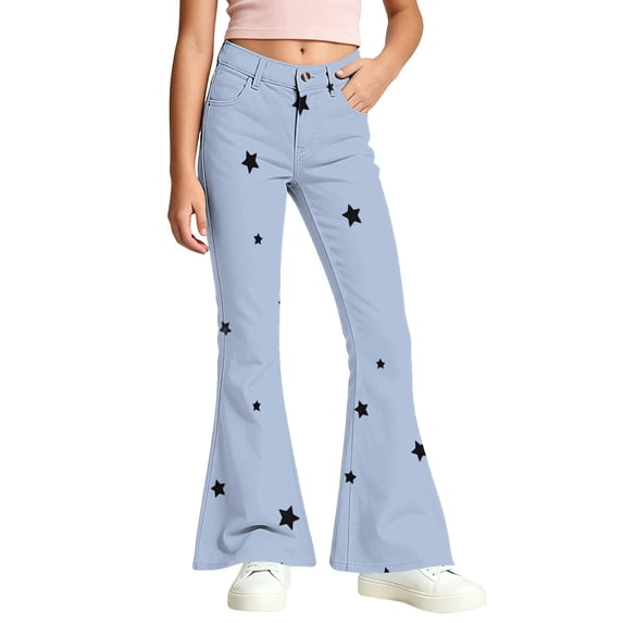 Spazoro Girls Flare Pants with Pockets, Flare Leg Loose Fit Star Print Zip Up Button Closure Casual Bell Bottom Trousers Blue Size 14-15
