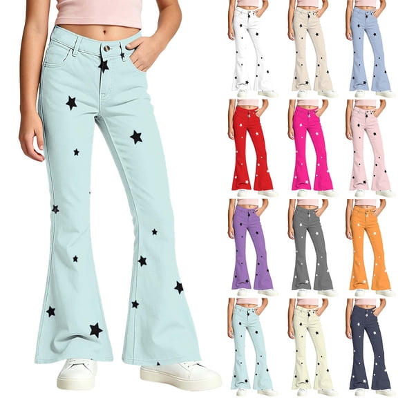 Spazoro Girls Flare Pants with Pockets, Flare Leg Star Print Button Closure Loose Fit Zip Up Casual Bell Bottom Trousers Pink Size 8-9
