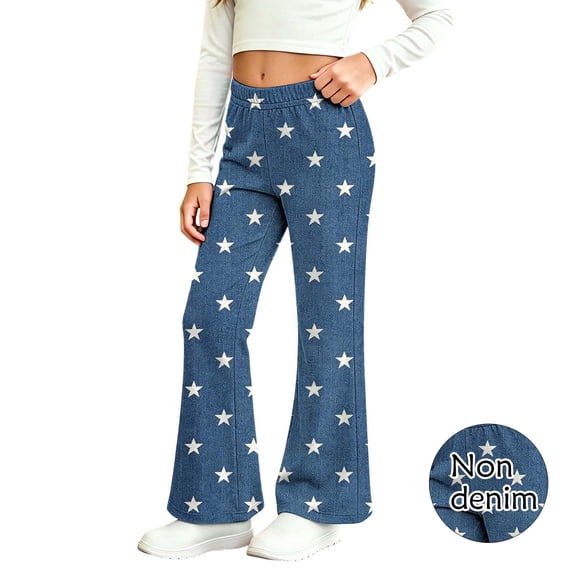 Spazoro Girls Flare Pants with Star Print, Casual Lightweight Elastic Waist Stretchy Flared Leg Retro Bell Bottom Trousers Blue Size 3 T