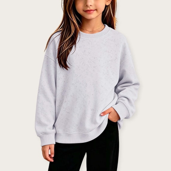 Spazoro Girls Fleece Lined 100% Cotton, Winter Crew Neck Long Sleeve Shirts Solid Tie Dye Casual Pullover Top for Kids White Size 8-9