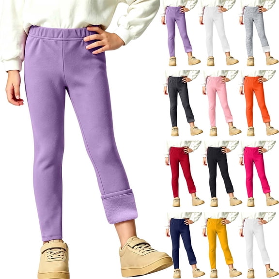 Spazoro Girls Fleece Lined Jogger Leggings, Solid Color Elastic Waist Breathable Stretchy Casual Trousers for Daily Wear Purple Size 4-5T