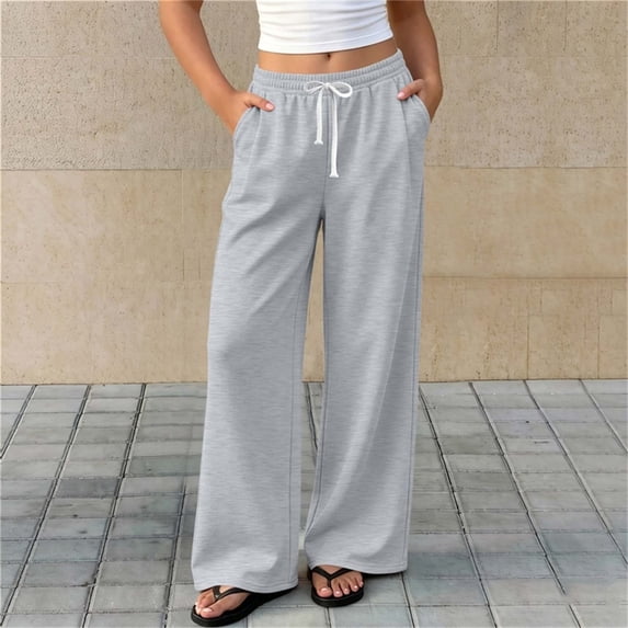 Spazoro Girls Fleece Lined Sweatpants with Side Pockets, Elastic Drawstring Waist Solid Color Fall Winter Loose Fit Casual Wide Leg Pants for Little Big Kids Gray Size 5-6