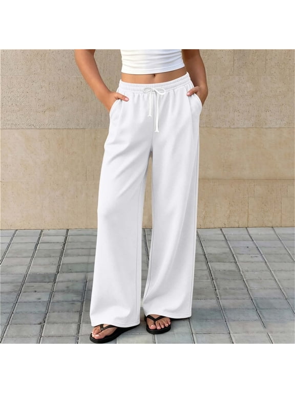 Girls Fleece Lined Sweatpants with Side Pockets, Fall Winter Elastic Drawstring Waist Solid Color Loose Fit Casual Wide Leg Pants for Little Big Kids White Size 14-15