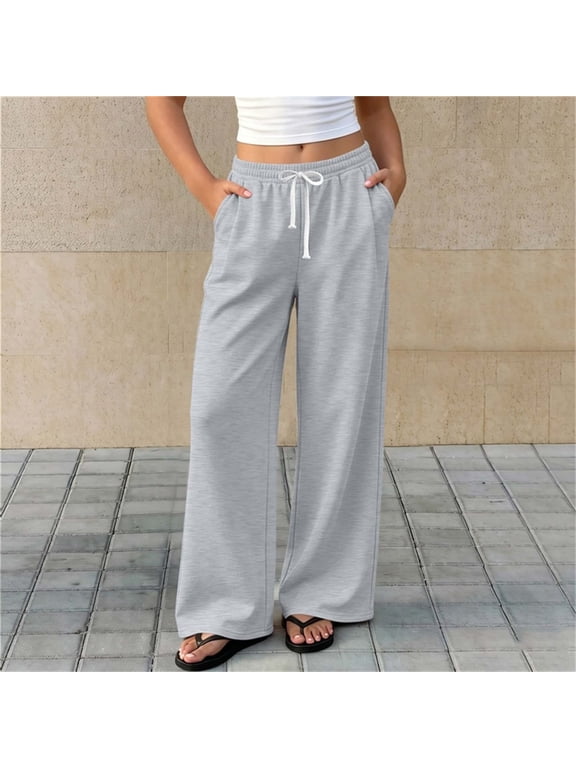 Girls Fleece Lined Sweatpants with Side Pockets, Fall Winter Solid Color Loose Fit Elastic Drawstring Waist Casual Wide Leg Pants for Little Big Kids Gray Size 14-15