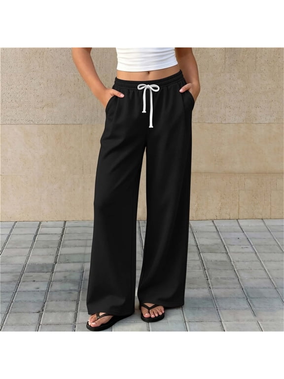 Girls Fleece Lined Sweatpants with Side Pockets, Loose Fit Fall Winter Solid Color Elastic Drawstring Waist Casual Wide Leg Pants for Little Big Kids Black Size 11-12