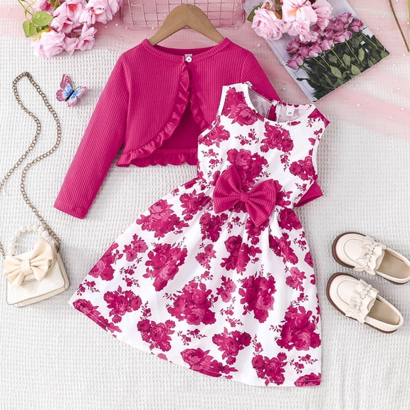 Spazoro Girls Floral Dress Set, Casual Solid Knitted Ruffled Cardigan Sleeveless Dress 2 PC Outfit Set for Kids Hot Pink Size 6-7