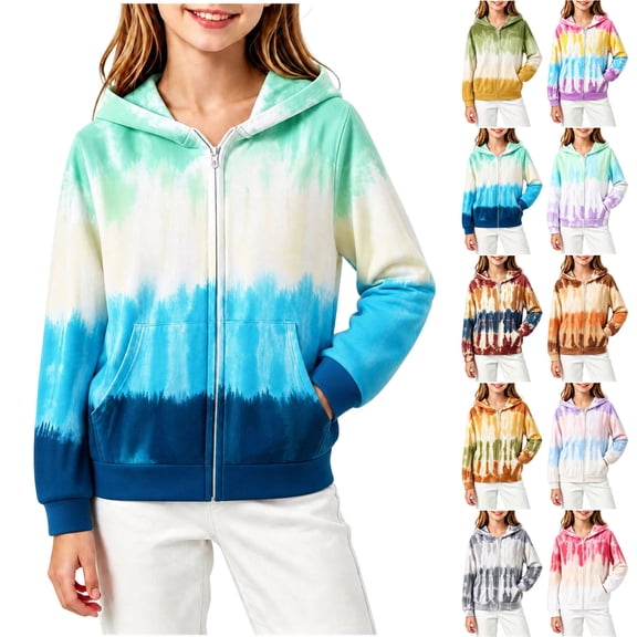 Spazoro Girls Full Zip Hoodie with Pockets, Stretchy Long Sleeve Hooded Tie Dye Lightweight Casual Sweatshirt Jacket Blue Size 7-8