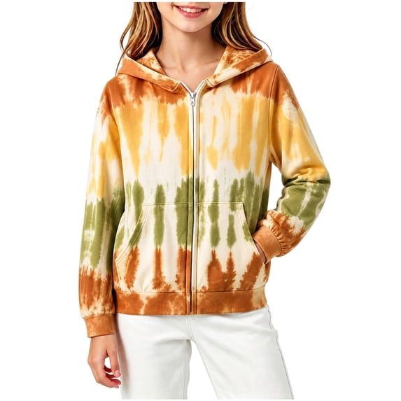 Spazoro Girls Full Zip Hoodie with Pockets, Hooded Tie Dye Long Sleeve Stretchy Lightweight Casual Sweatshirt Jacket Green Size 5-6